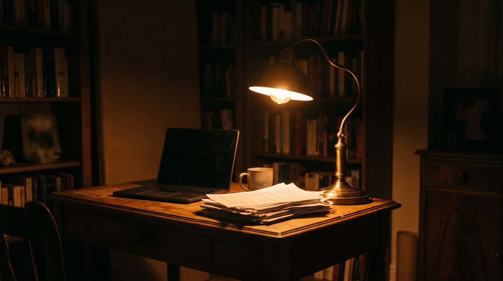 A writing desk at night, a stack of manuscript pages face down beside a cold mug in a pool of lamplight.