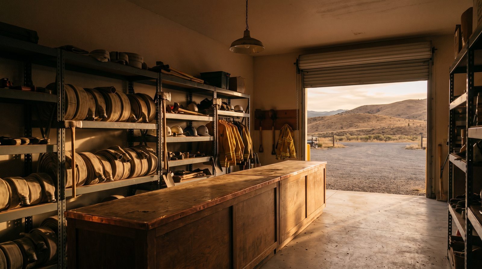 An equipment store at dusk: coiled hose and hand tools on steel shelving, the roll-up door open onto a gravel lot and dry hills.
