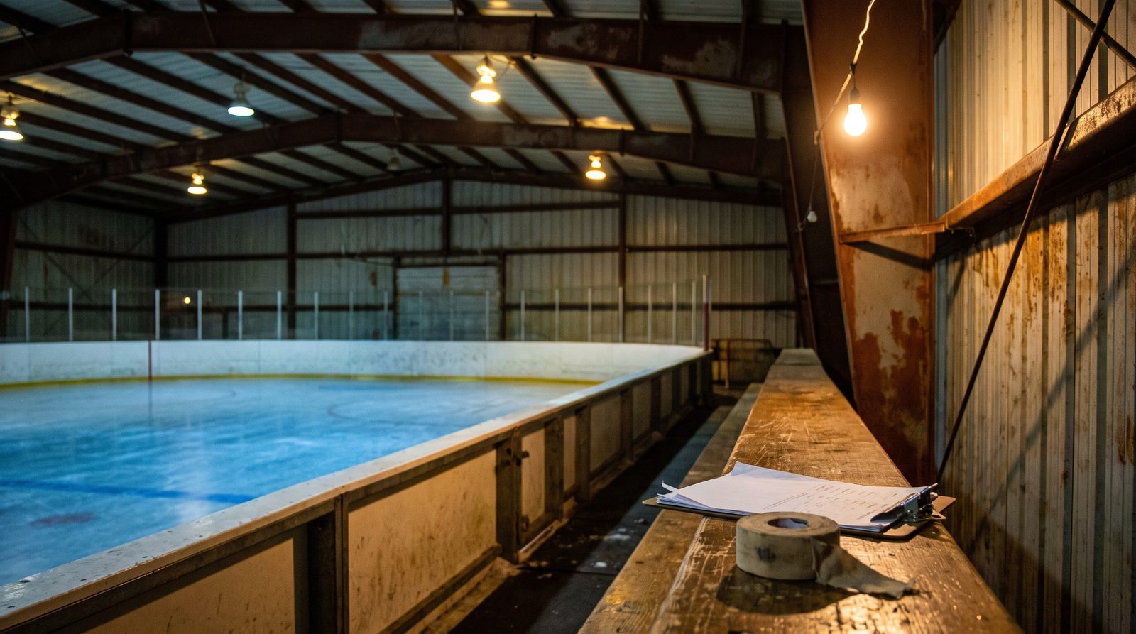 An empty rink at night under sodium work lights, a clipboard and a roll of tape left on the players' bench.
