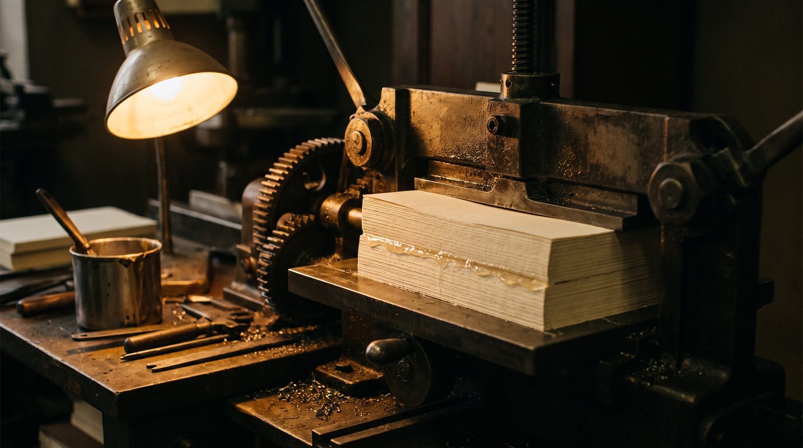 A book block clamped in a perfect binder, fresh glue along the spine of cream uncoated paper.