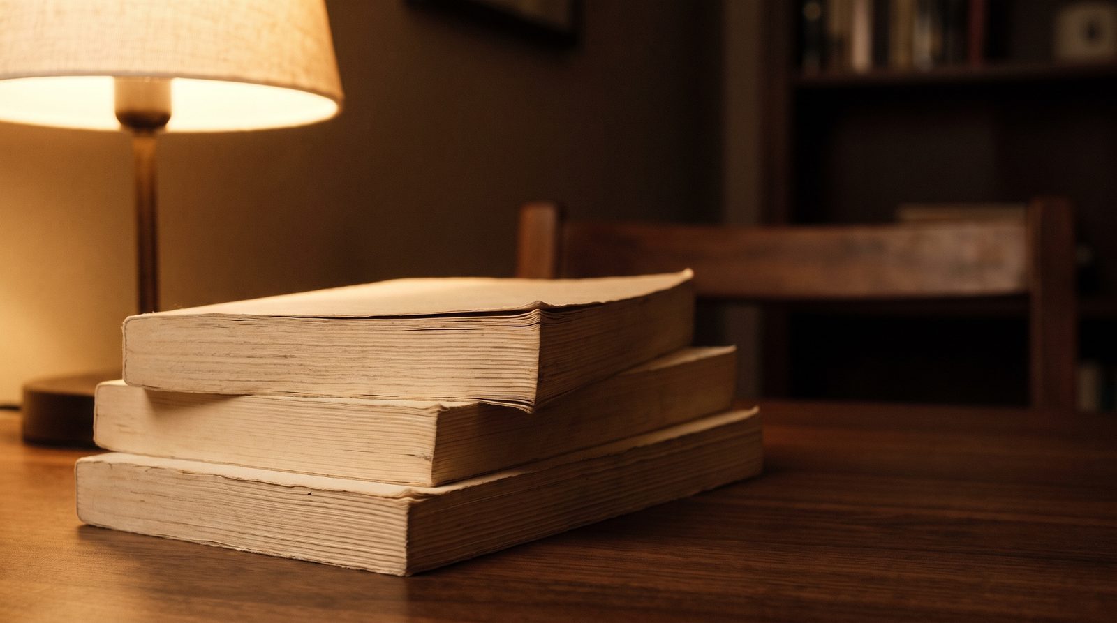 Three digest paperbacks stacked on a dark table under a lamp, cream page edges showing.